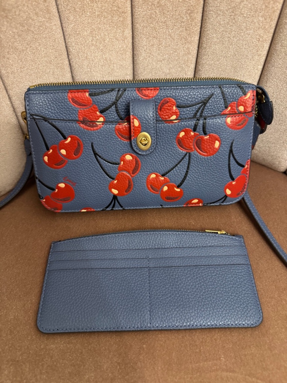 Coach Blue Cherry Print Crossbody Wallet with Removable Card Case